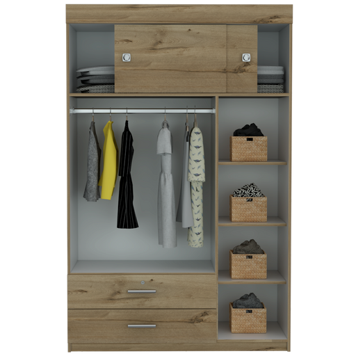 Closet Alma, Café Claro y Blanco, con Dos Cajones y Dos Puertas Corredizas
