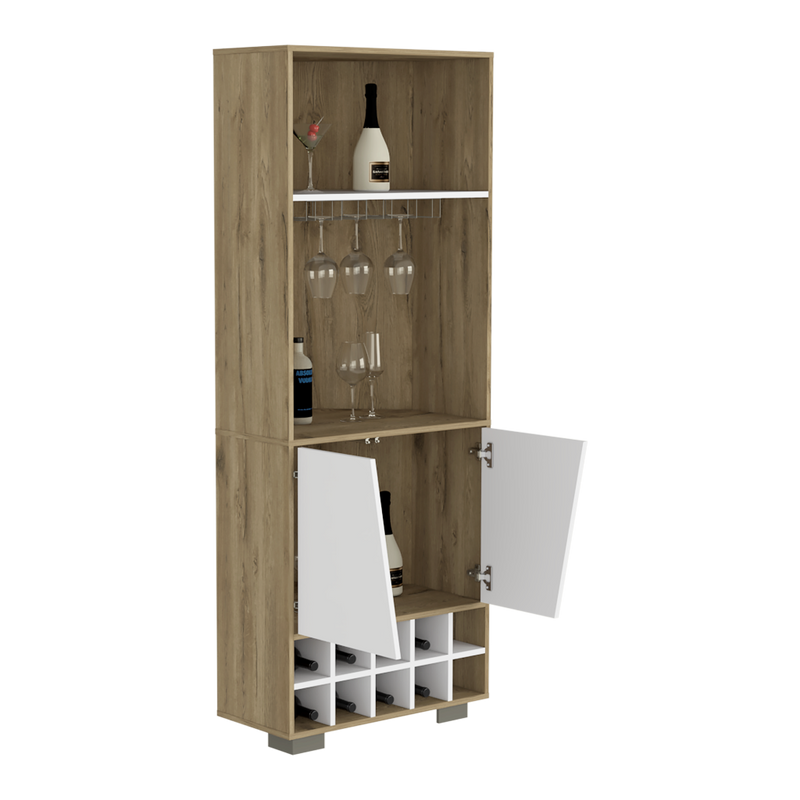 Bar Esquinero Orus, Macadamia y  Blanco, con Espacio Para Botellas y Porta Copas Hc