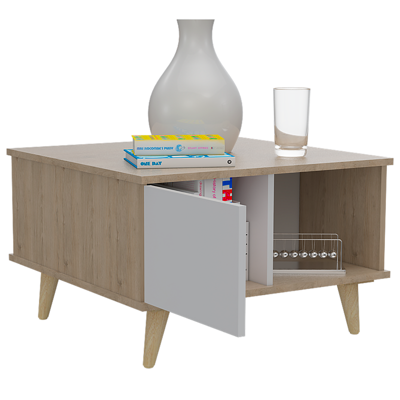 Mesa de Centro Bruno, Beige y Blanco, con Una Puerta y Patas de Madera